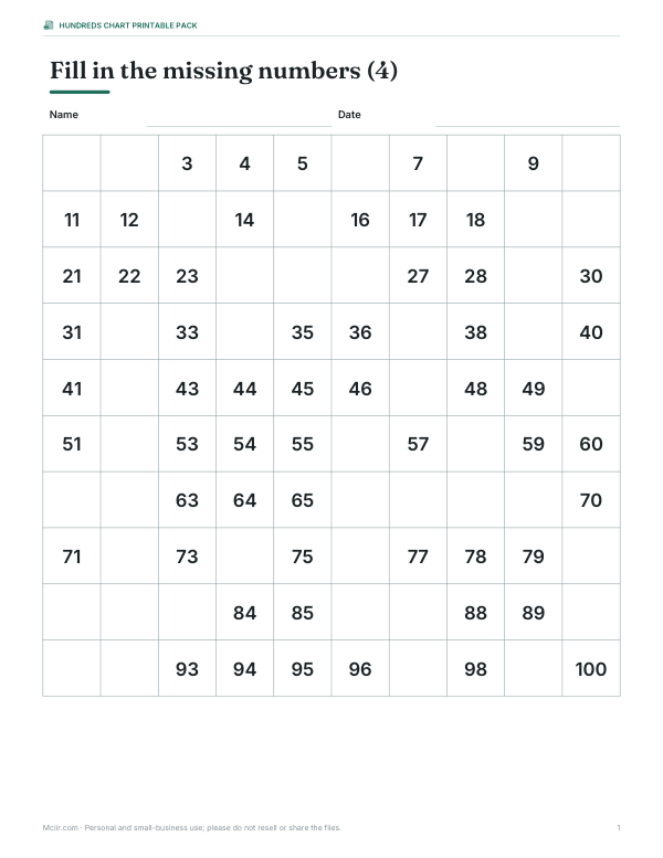 Preview of Printable Hundreds Chart Missing Numbers 4