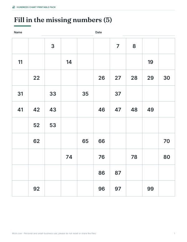 Preview of Printable Hundreds Chart Missing Numbers 5